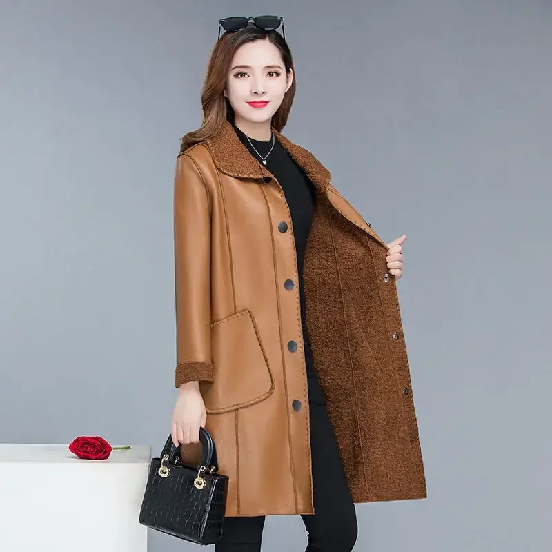 Autumn and winter new leather jacket women 2023 velvet warm loose korean fashion plus-size women's faux fur coats PU clothing