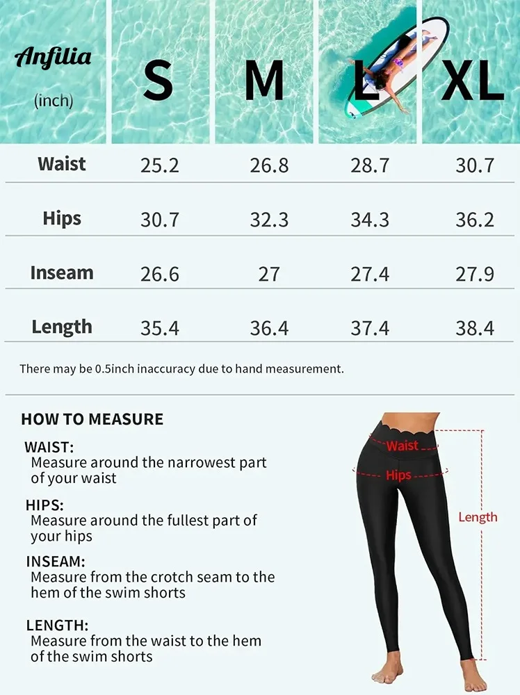 Anfilia Women Swimming Trunks Scalloped Design Skinny Tankini Bottom Solid Elastic Waistband Leggings High Waist Soft Swim Pants