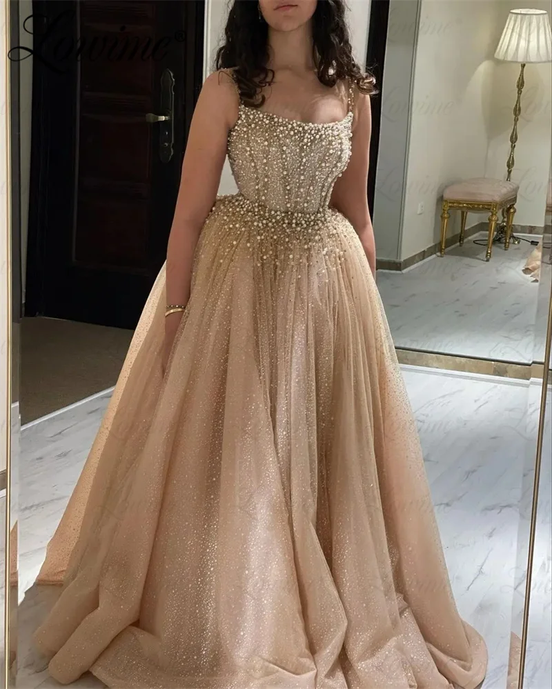 Champagne Prom Dresses Long 2 In 1 Design Beaded Pearls Wedding Party Dress Spaghetti Straps Arabic Evening Gowns Robe De Soiree