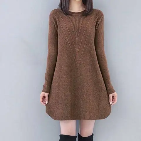 2024 Autumn Winter New Women\'s Korean Loose Fit Plus Fat Plus Size Base Medium Long Knitted Sweater Belly Covering A-line Skirt