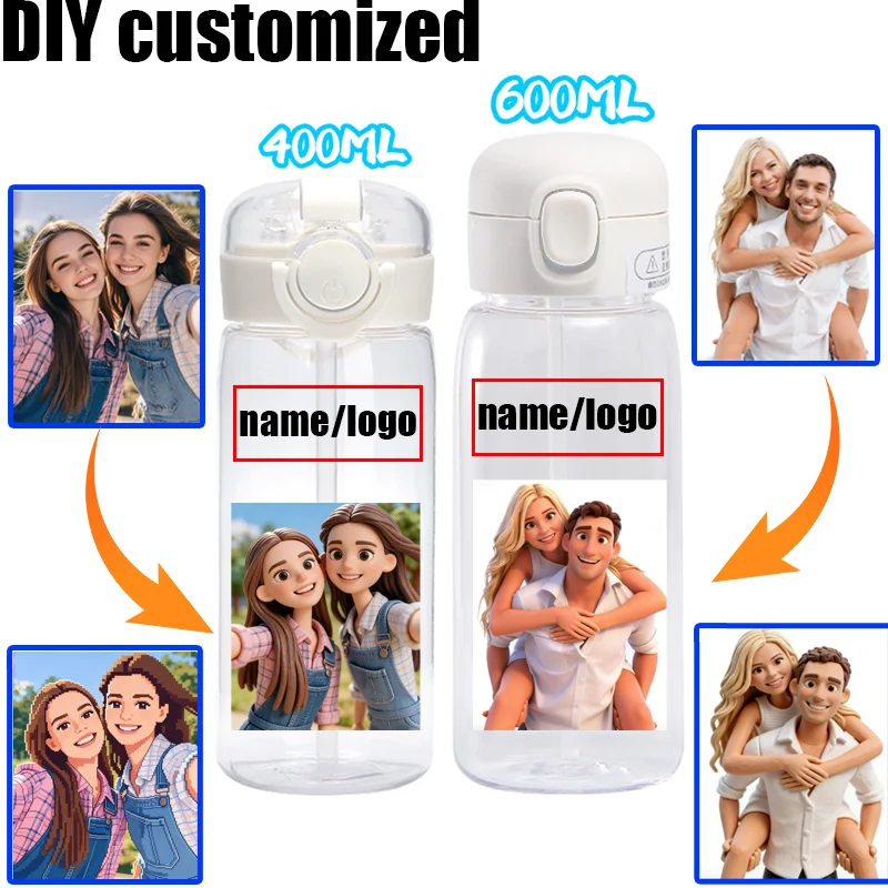 

Custom Name Text Images Straw Water Cup 600/400ml CustomMade Plastic Transparent Water Bottle Customized Exclusive Festival Gift