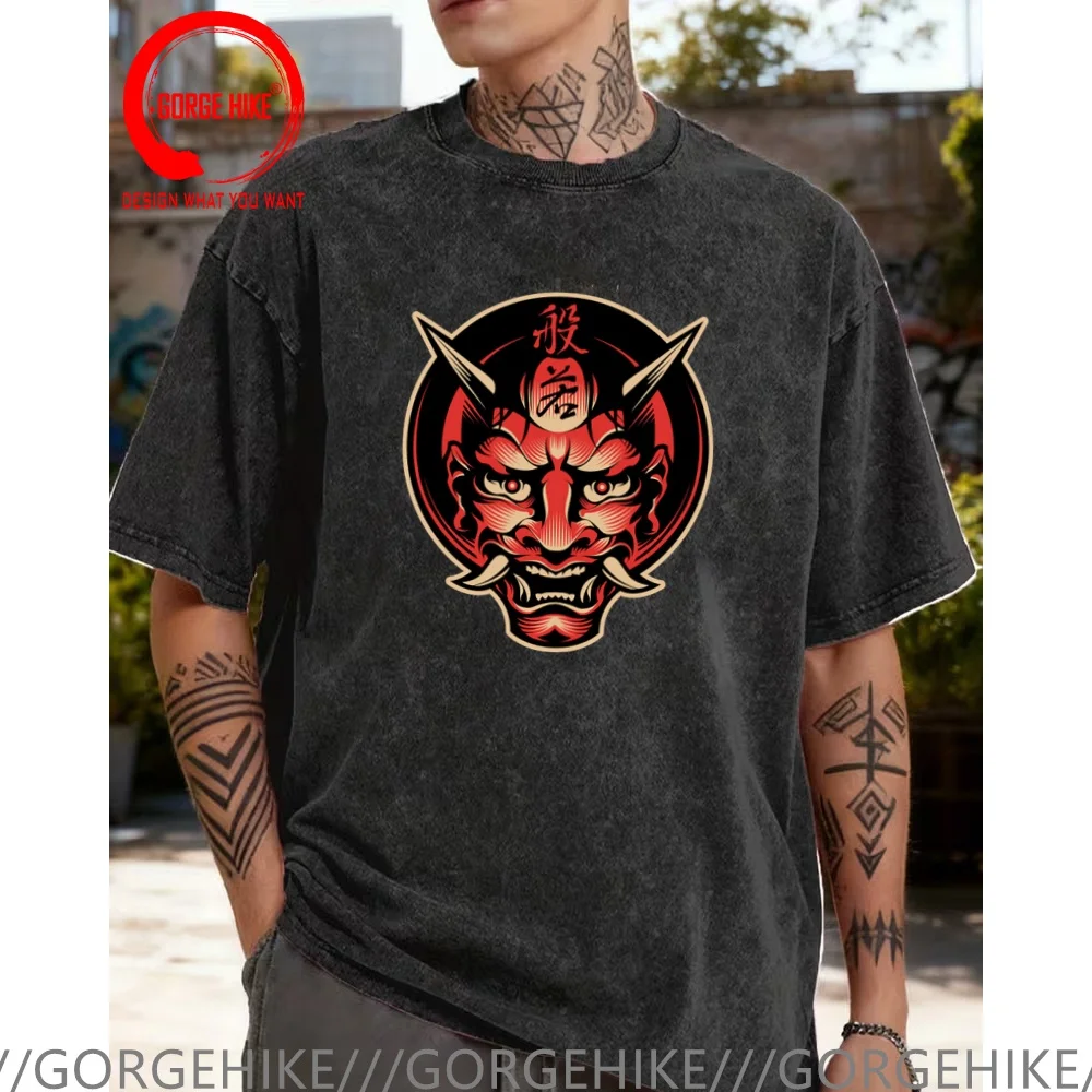 Vintage Washed Cotton T-Shirt Funny Designer Samurai Oni Demon T Shirt Men Fashion Trendy Casual Clothing Stylish Tops Tees