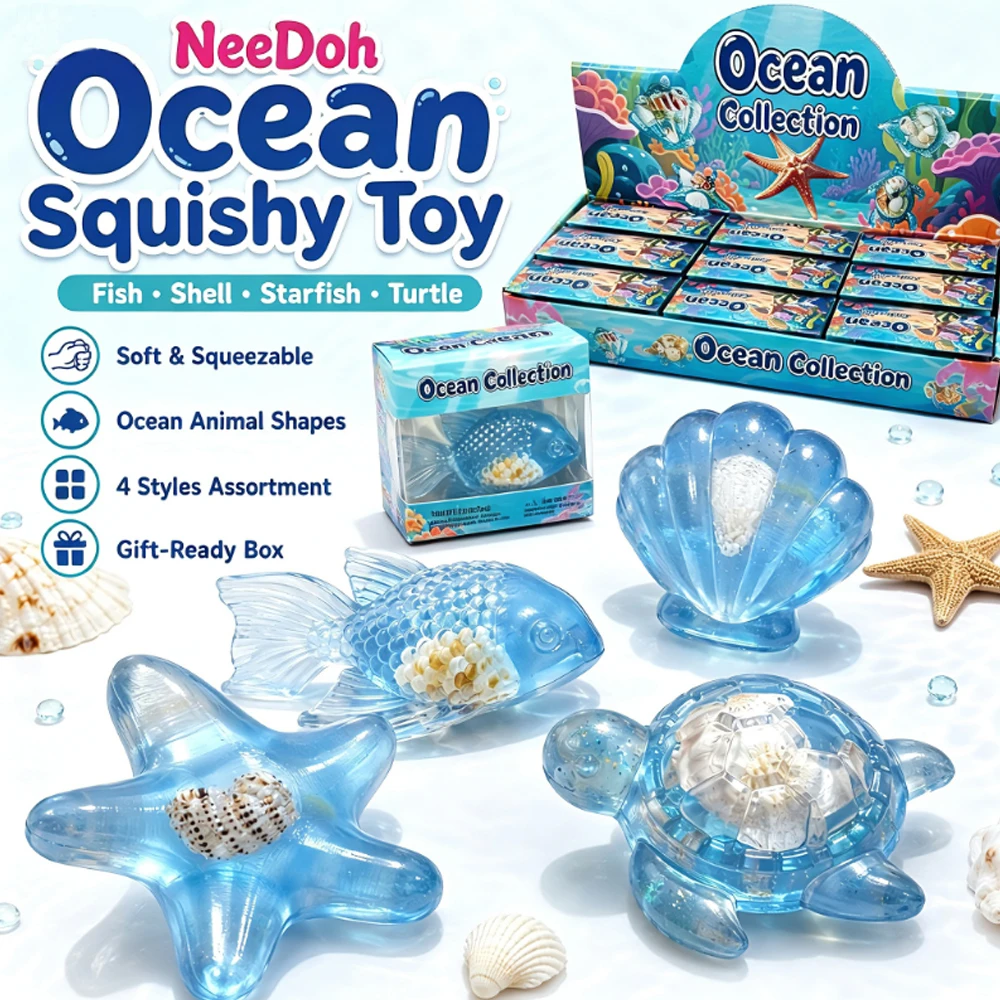 NeeDoh Ocean Squishy Fidget Toy 4 Styles Assorted Sea Animal Squeeze Toy Soft Stress Relief Toy with Shell Inside, Gift-Ready view 2
