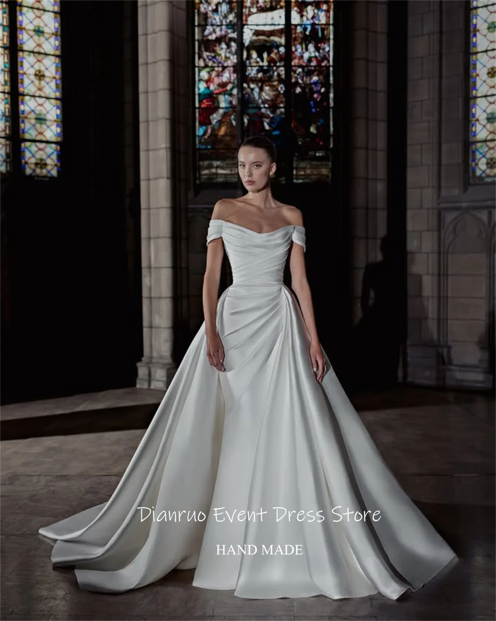 Dianruo Gaun Pengantin Satin Formal Gaun Pengantin Romantis Belahan Tinggi Tanpa Tali Gaun Pengantin Tanpa Bahu Vestido Noiva Princesa Disesuaikan