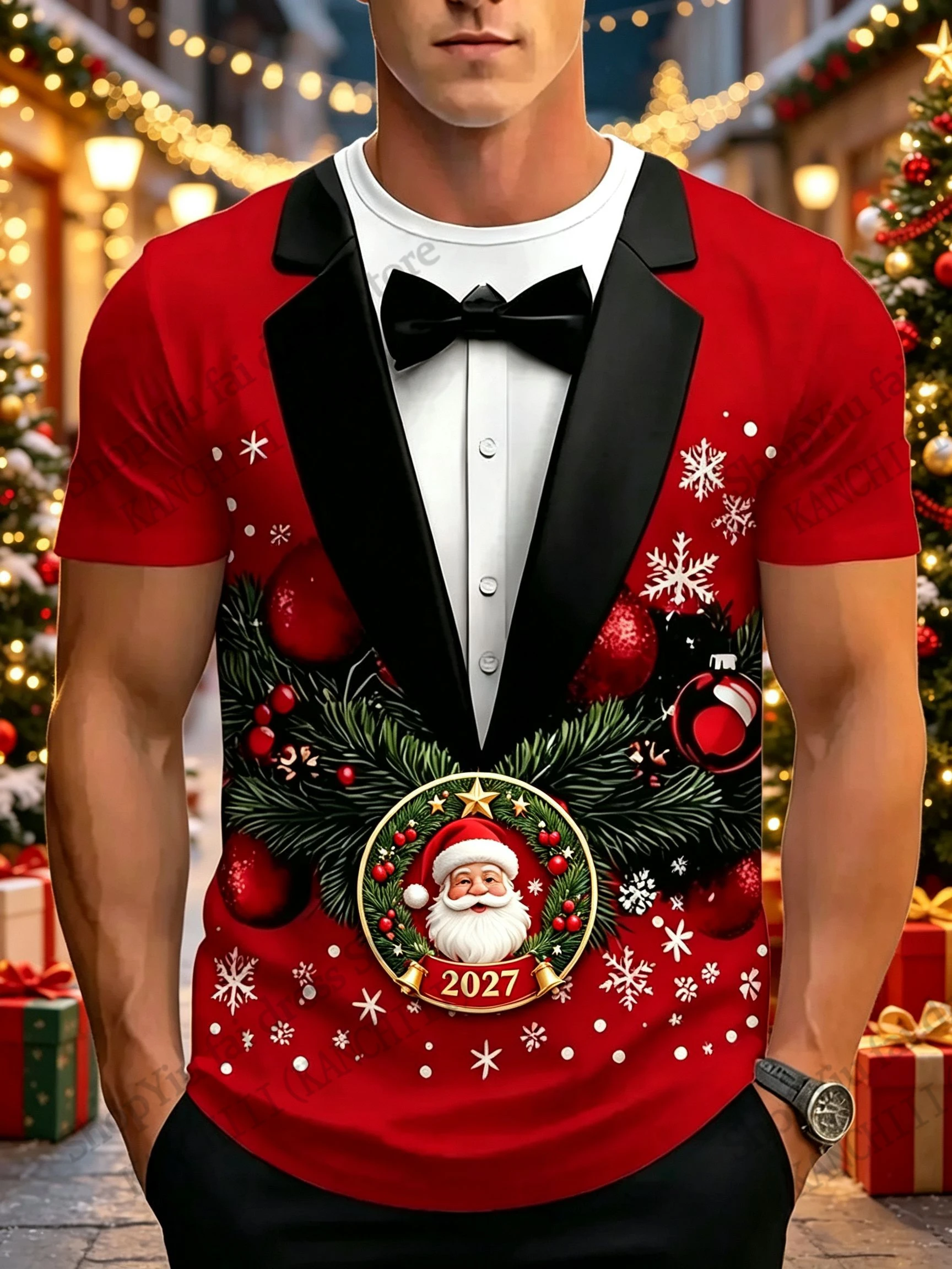 Christmas Tree Santa Claus 3D Print T-shirt Men Women Fashion Christmas Short Sleeve Tops Tees Xmas Fake Suit Tshirt Men Clothes