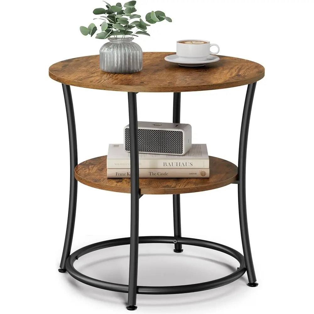 

21.7 Two-Tier Round Side Table, Nightstand for Living Room or Bedroom, Rustic Brown & Ink Black