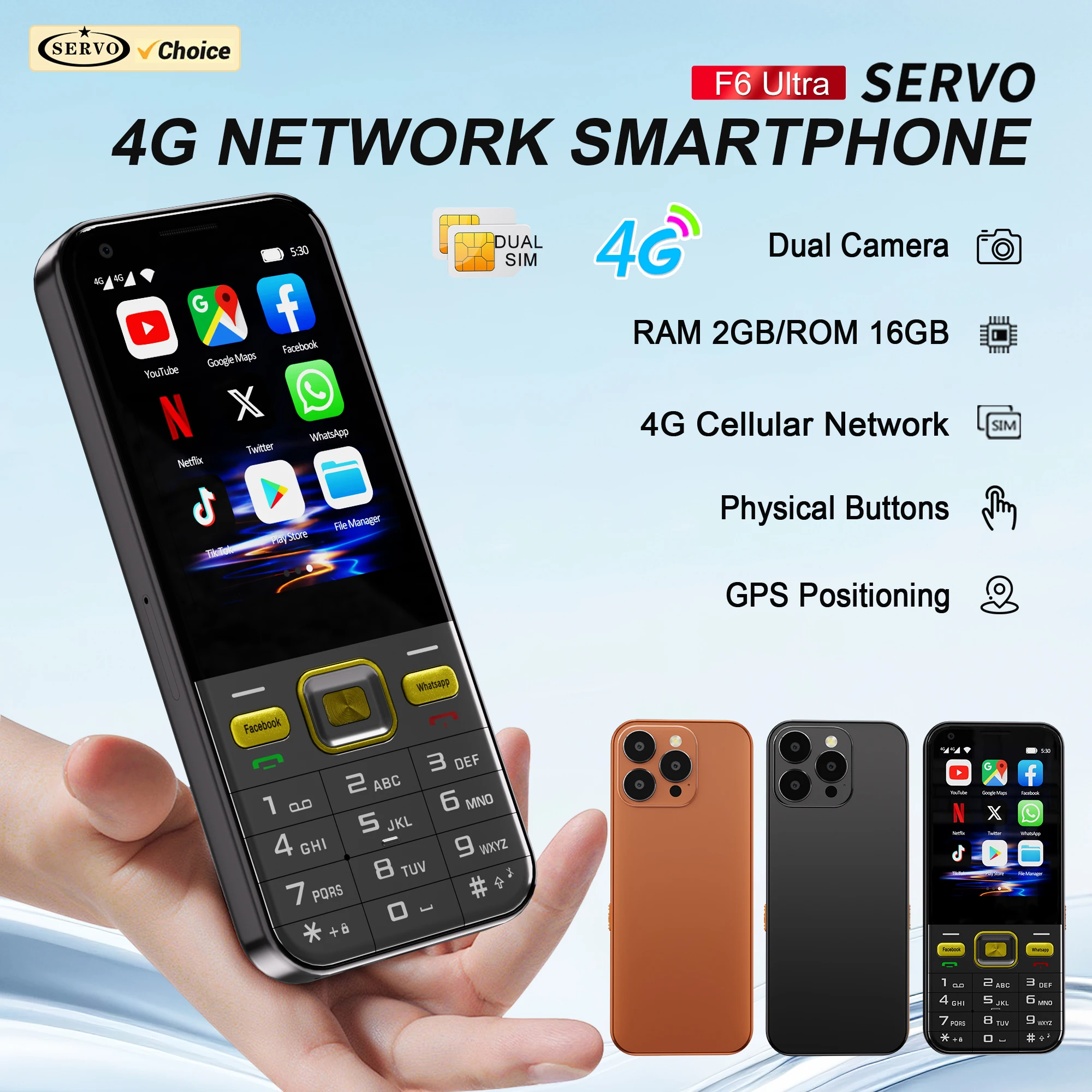 SERVO F6 Ultra Android Smart Mobile Phone 4G Network 2 SIM RAM 2GB ROM 16GB WhatsAPP Play Store FM 2.8