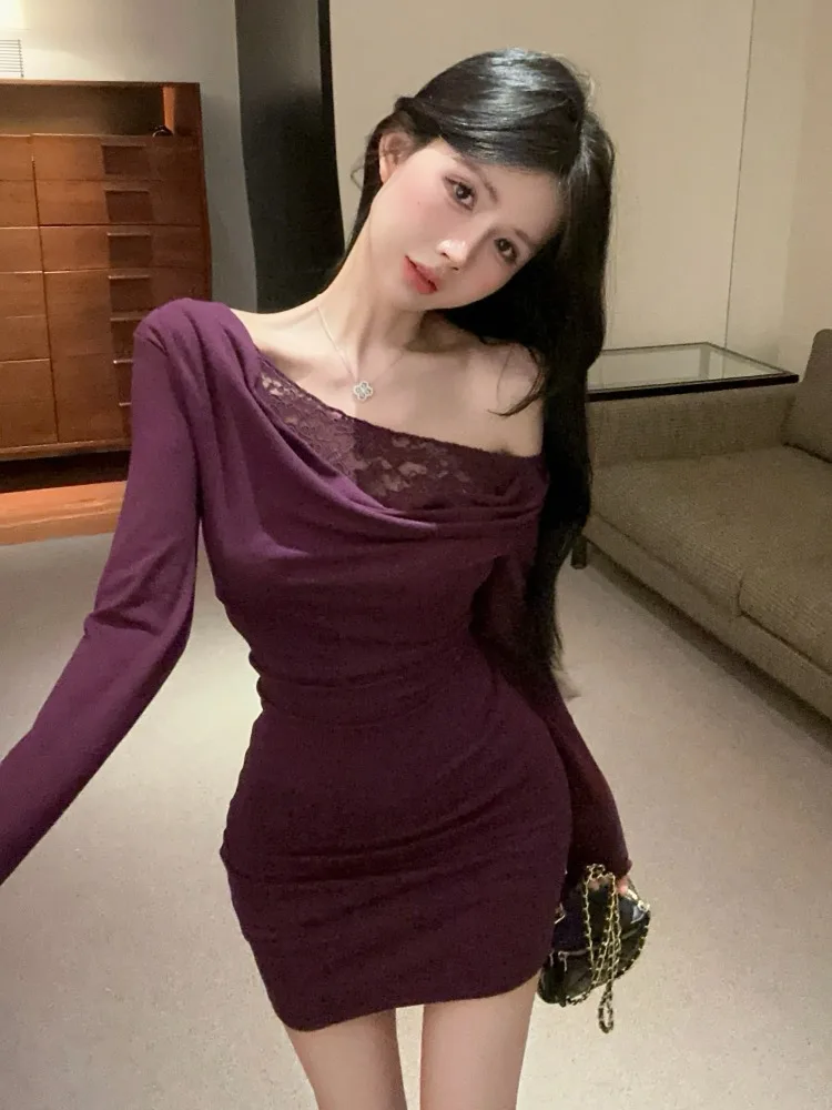 Spring New Sexy Lace Trim Bodycon Short Dress Women's Pure Desire Slimming Long Sleeve Asymmetrical Shoulder Casual Korean Style