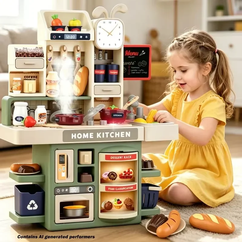 Kid Pretend Cooking Kitchen Toy Electric Stove Cookware Kitchen Accessories Kitchen Counter with Light Spray Girl Birthday Gifts