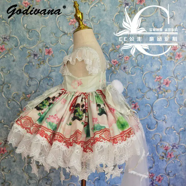 Original Handmade 2026 New Summer Sweet Baby Girls Cute Panda Lolita Dress Kids Spanish Court Princess Lace Birthday Ball Gown
