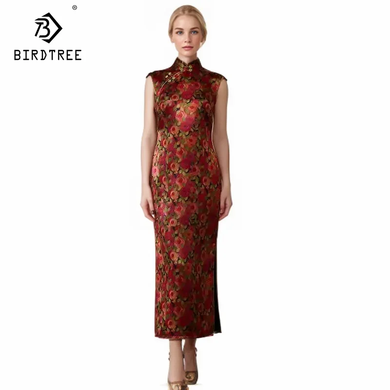 Birdtree, Heavyweight Satin, 50MM Watered Gauze Dresses, Woman Floral Silk Cheongsam, Flower, Slim Elegant Chinese Gown D49907QM