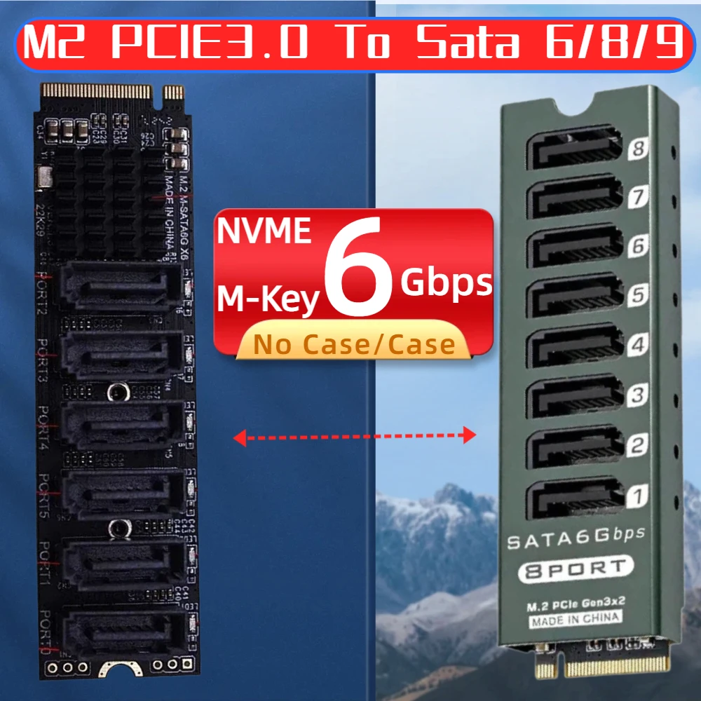 TISHRIC M.2 NVME PCIE To 6/8/9 Ports SATA Expansion Card 6Gbps Gen3x2 M2 M-Key PCIE3.0 Sata Adapter Riser Card For SATA SSD HDD