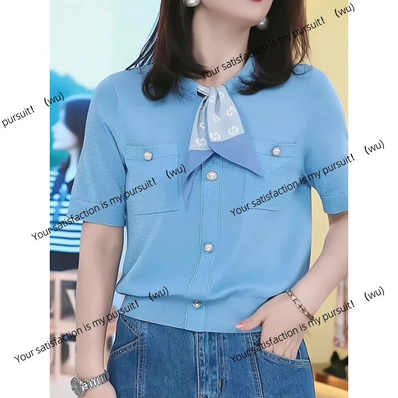 Atasan rajutan sutra Xiaoxiangfeng musim panas, tipis dan sejuk, awet muda, lengan pendek warna biru es untuk wanita