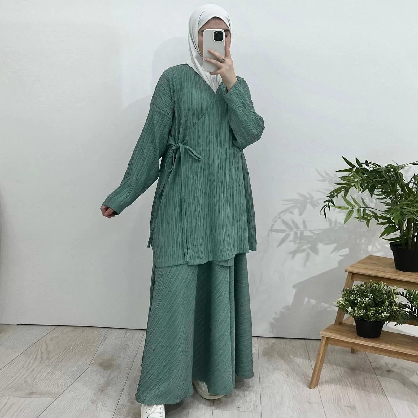 Women Eid Muslim Sets Blouses Loose Skirts Musulman Ensemble Dubai Islam Solid Modest Ramadan Casual Pleated Two Pieces