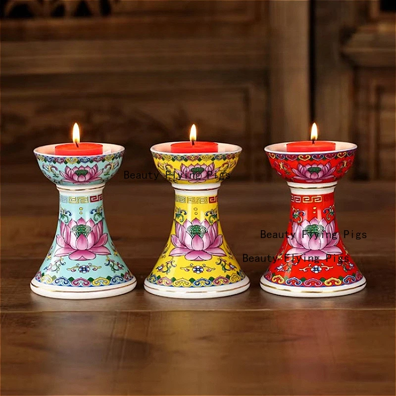 2PCS Ceramic Lotus Candlestick Buddhist Temple Offering Lamps Enamel Colored Sacrificial Candle Holder No Candles Included