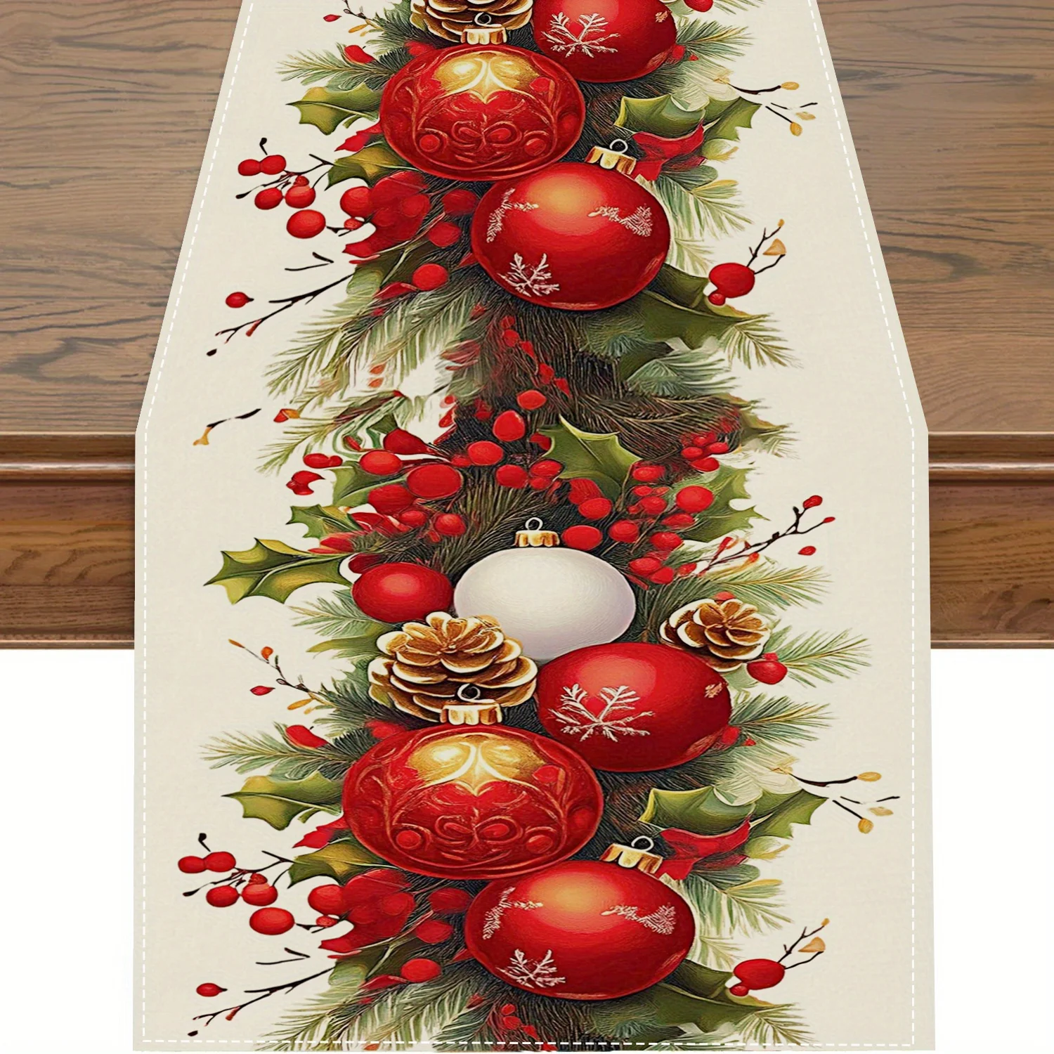 Christmas Ball Pine Needle Table Runner for Table Decor Winter Xmas Snowflakes Kitchen Dining Table Runners Christmas Decoration
