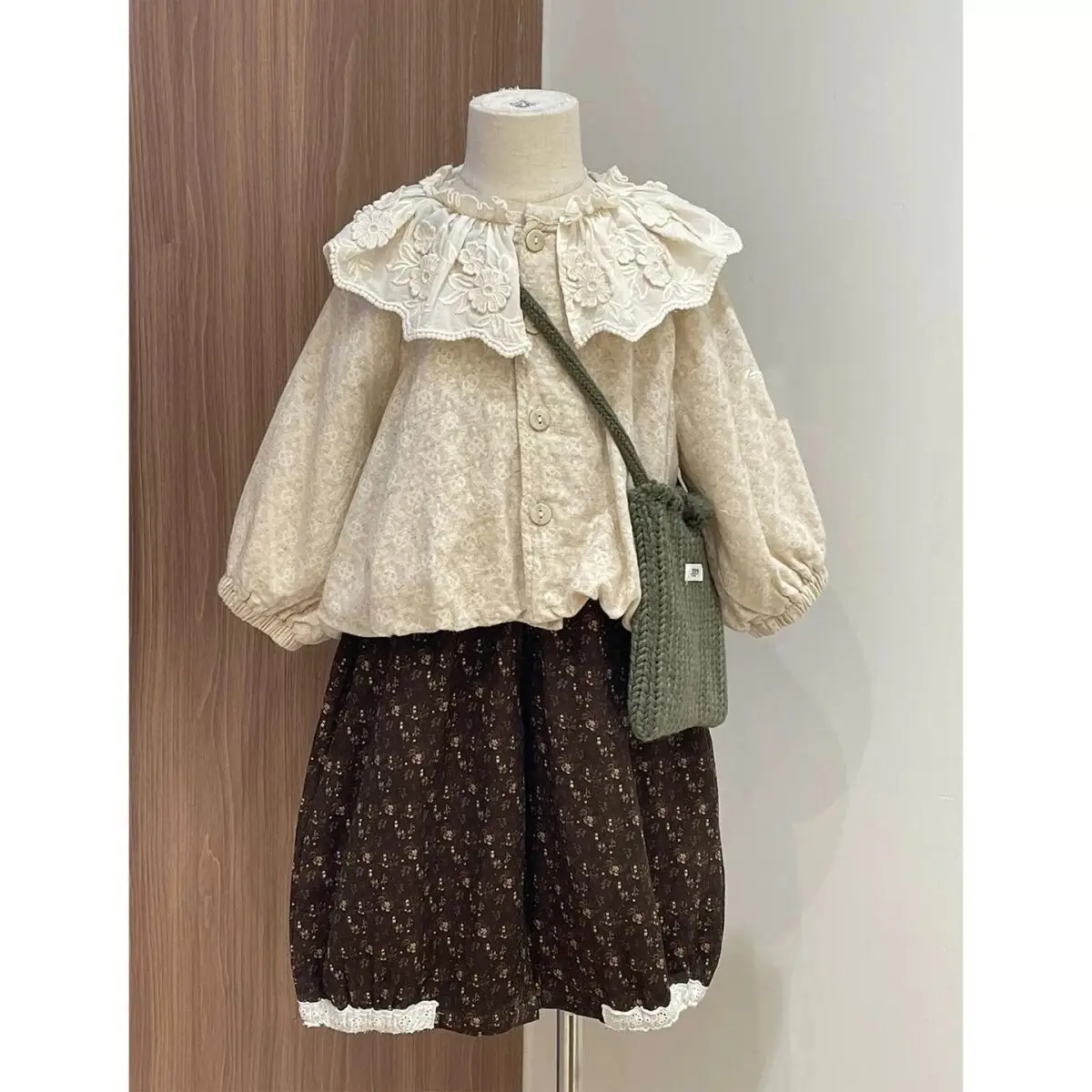 Spring and Autumn Girls' Set Fashion Children's Long Sleeve Fashionable French Doll Collar Shirt Floral Pants 2PCS