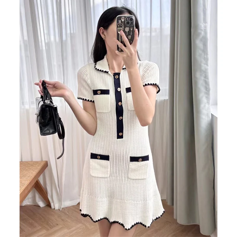 Self Crochet Knit Midi Dress Pocket Short Sleeves Stretch Slim Flared Hem Skirt 2024 Summer Luxury Brand Portrait Dress Clothing