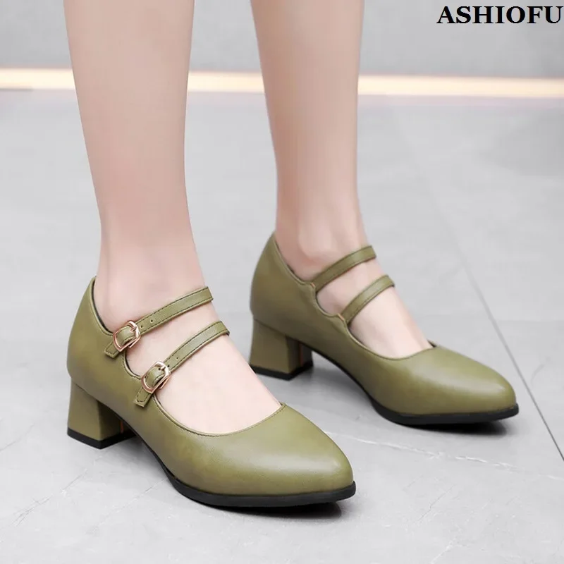 ASHIOFU Handmade New Arrival Ladies Chunky Heels Pumps Mary Janes Buckle Strap Party Dress Shoes Evening Fashion Hot Sale Shoes