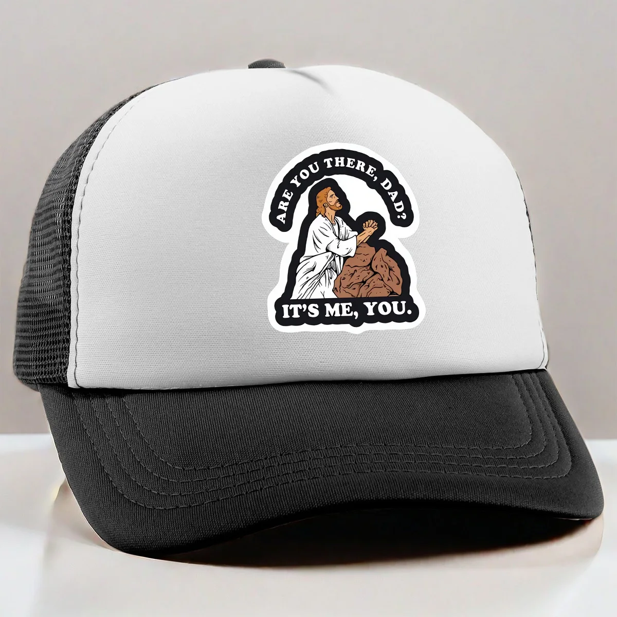 Divertido Jesús Orando a Buff Dad Meme Trucker Hat Poliéster Malla Ajustable Gorra De Béisbol Casual Unisex