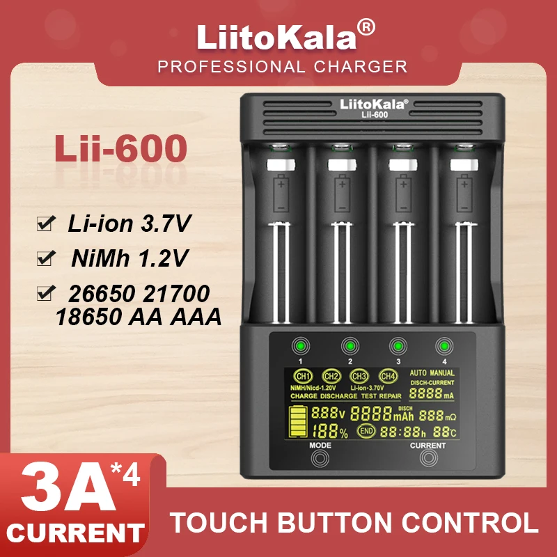 LiitoKala Lii-600 Lii-S8  Battery Charger For Li-ion 3.7V and NiMH 1.2V Battery Suitable for 18650 26650 21700 26700 18350