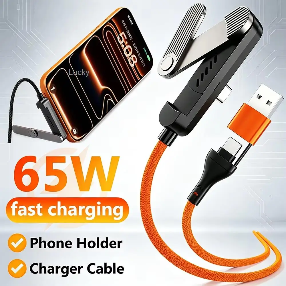 65W 65W Fast Charging Sideways Phone Charger, Built-in Phone Stand Charging Cord with Folding Phone Stand USB A-Type-C Cable 1M 1.5M - Aliexpress Deal