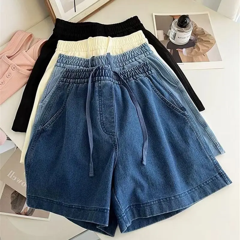 

Women Elastic High Waist Denim Shorts Lady Casual Drawstring A-line Short Pants Solid Color Summer Female Loose Wide Leg Shorts