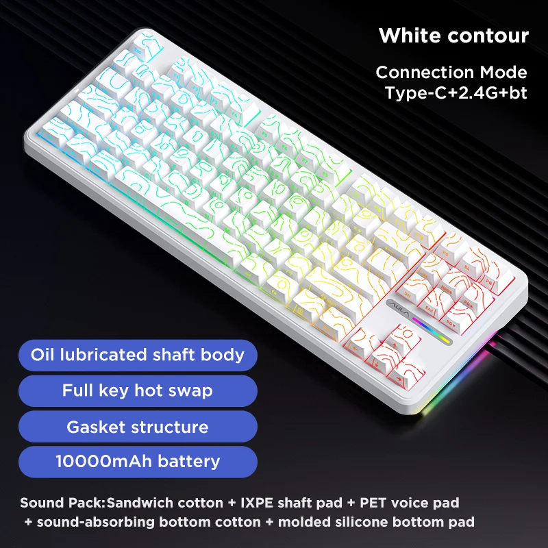 AULA F87 Pro Mechanical Keyboard 2.4g/Usb/Bluetooth Tri Mode Wireless 87 Key Rgb Pbt Gasket 5 Layer Silencing Full Key No Impact