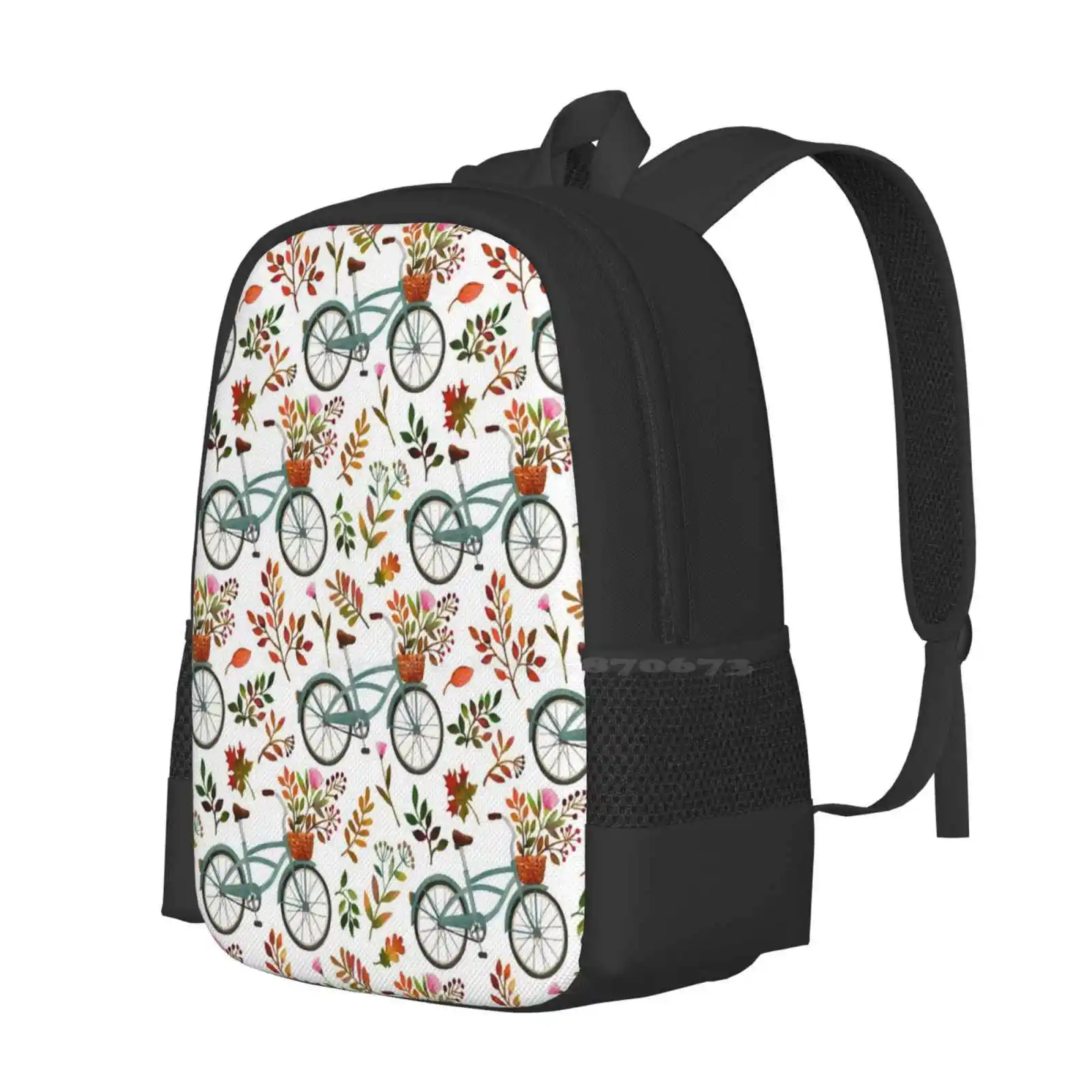 Fundo Branco Bike Ride-On Mochila, mochilas escolares, Viagem Laptop Mochila, Seamless repetitivo, interminável Artístico Padrão Detalhada, Outono