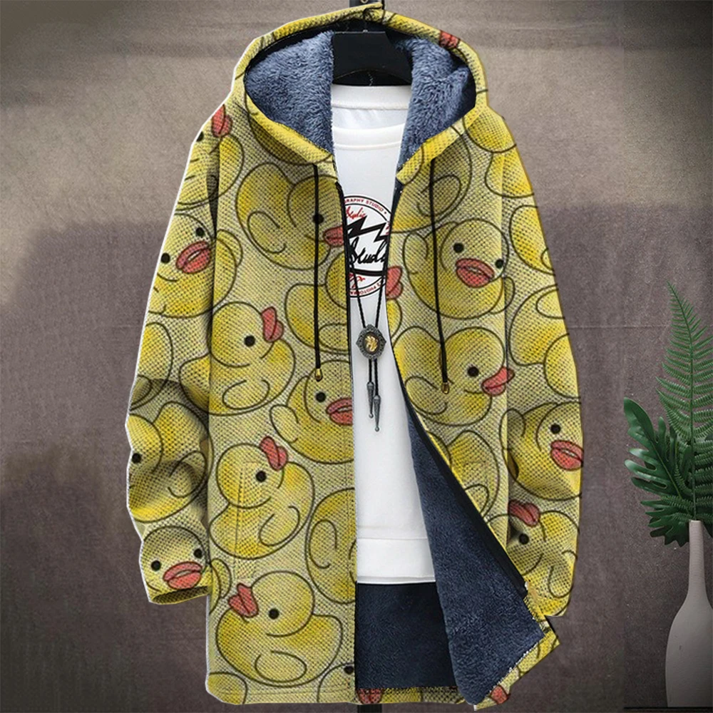 Men\'S Duck Graphic Winter Coat Print Psychedelic Pattern Knitted Sweater Cardigan Zipper Hooded With Thick Fleece For Youth