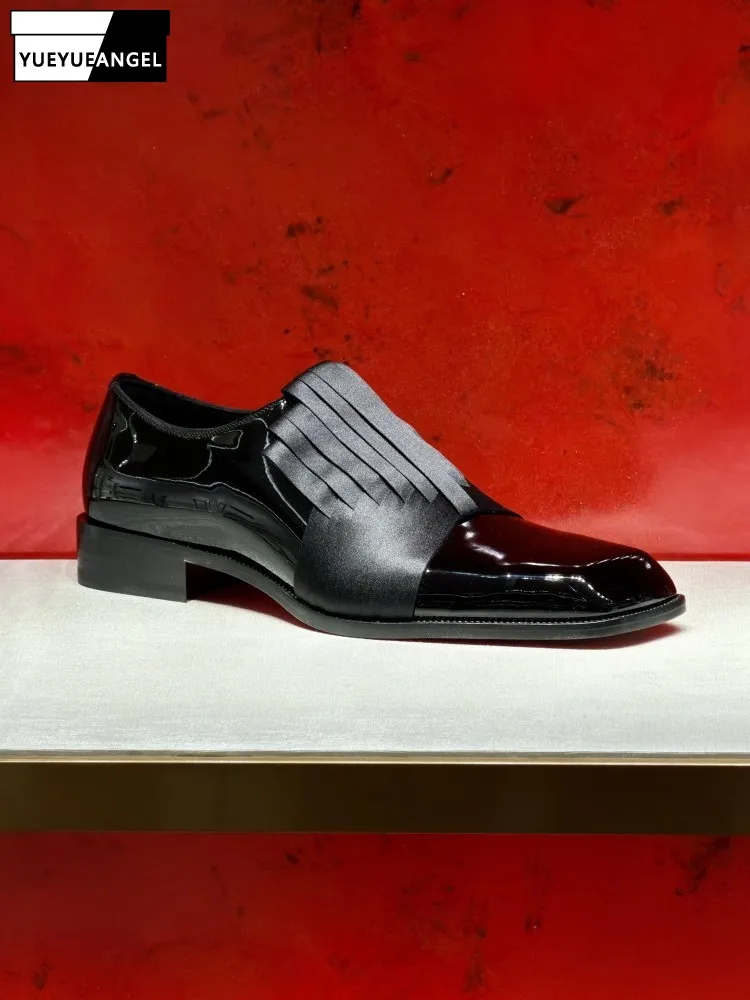 Fashion Mens Square Toe Black Split Cowhide Spliced Dress Shoes Work Male Business Formal Shoes Wedding Groom Footwear Vintage