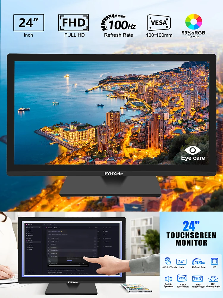 Touch Screen 24 Zoll 100Hz IPS Touch Screen Monitor FHD 1920x1080 Kapazitives Multi-Touch Display mit Stift HDMI VGA Wandmontage Smart Monitor für Büro Industrie