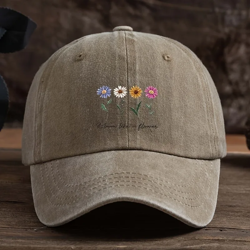Vintage Washed Daisy Baseball Caps Unisex “Flowers in Bloom” Letter Print Dad Cap Outdoor Travel Casual Sun Hat