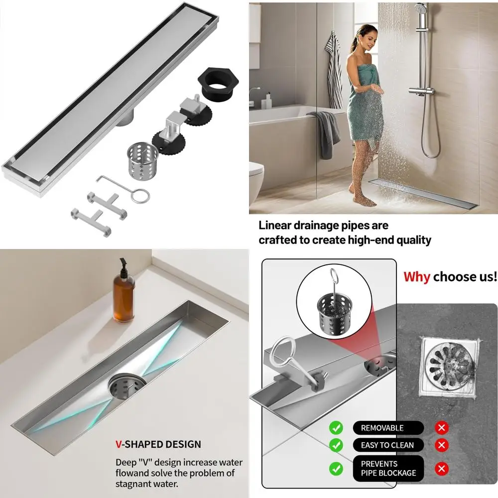 

Adjustable Leveling Feet Linear Shower Drain, 304 Stainless Steel, Hair Strainer, Install for Invisible Design