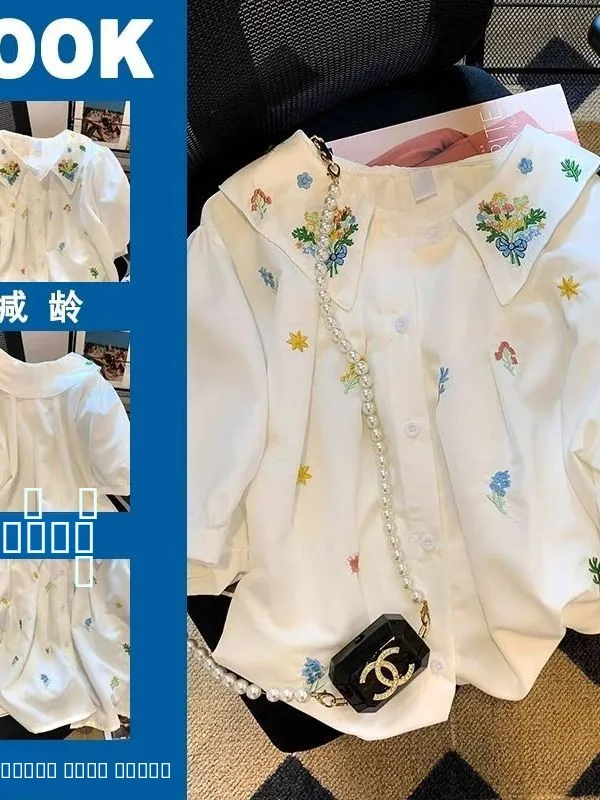 

plus Size Women's irt 300 Pou Advanced Design Embroidered Doll Collar Loose College Sle Top Girl's Faion Summer irt