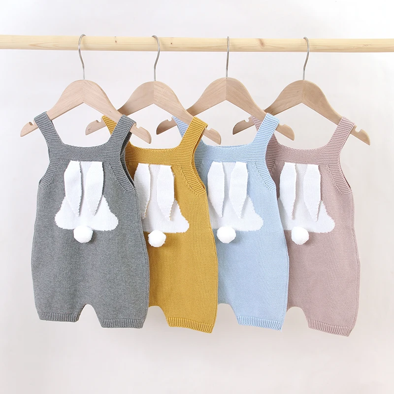 Newborn Baby Romper Cotton Knit Cute Rabbit Infant Kid Sling Clothes 0-18M Bonnet Easter Overalls Girls Boys Jumpsuit Sleeveless