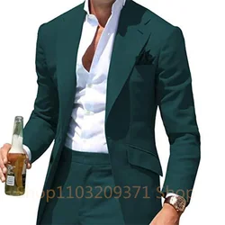 Green 2024 Business Men Suits Slim Fit 2 Piece Male Fashion Jacket with Pants Wedding Tuxedo for Groom Dinner Party Costume