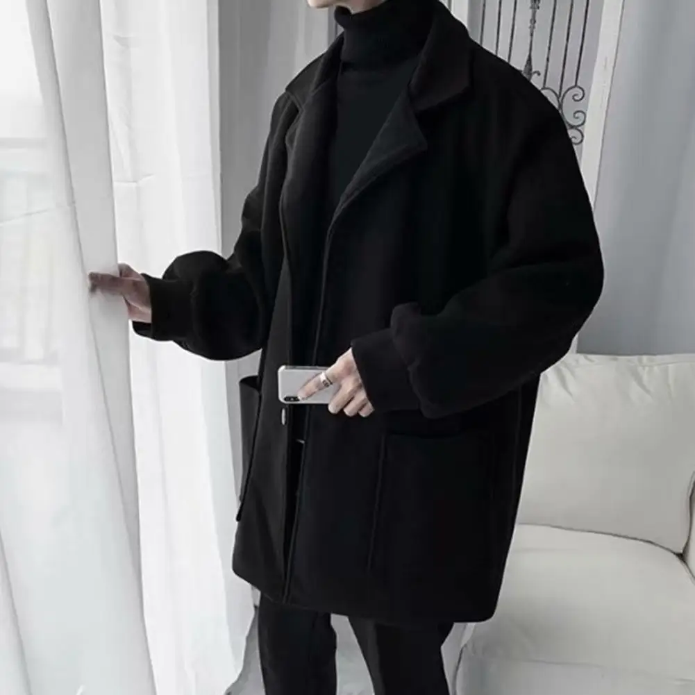 

Thigh-length Men Coat Men Solid Color Jacket Men's Mid-length Windproof Trench Coat with Notch Collar Single-breasted for Men