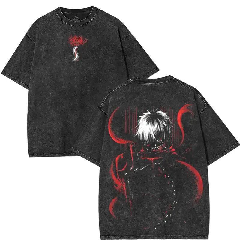 

Tokyo Ghoul Ken Kaneki Red Eyes Mask Anime Acid Washed T-Shirt manga movie game Vintage Cotton unisex Menswear graphic tee Top D