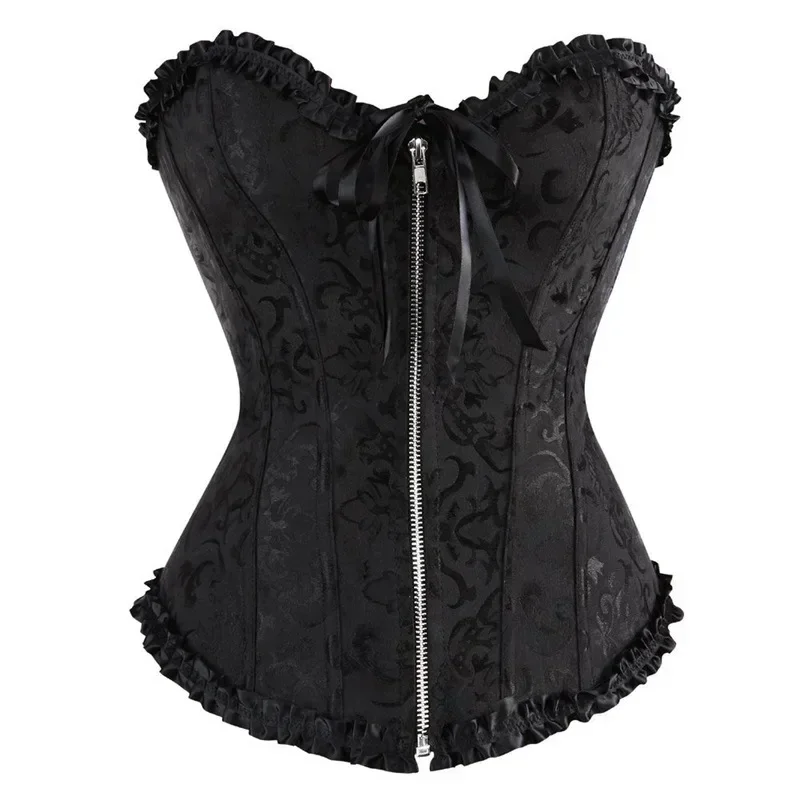 Pink Corset Top Bustier Zipper Sexy Women\'s Plus Size Overbust Corselet Lace up Floral Gothic Brocade Vintage Fashion Medieval