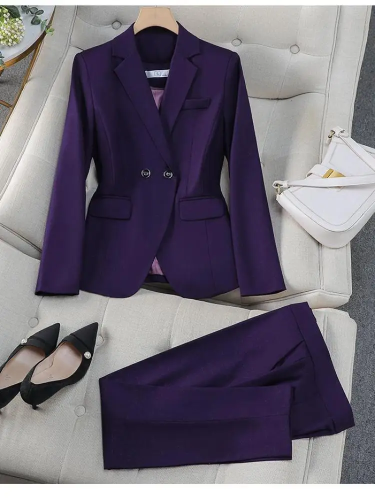 

Autumn Winter 2024 New Black Gray Purple Elegant Double Breasted Blazer Top And Women High Waist Ankle-length Pant Two Piece Set