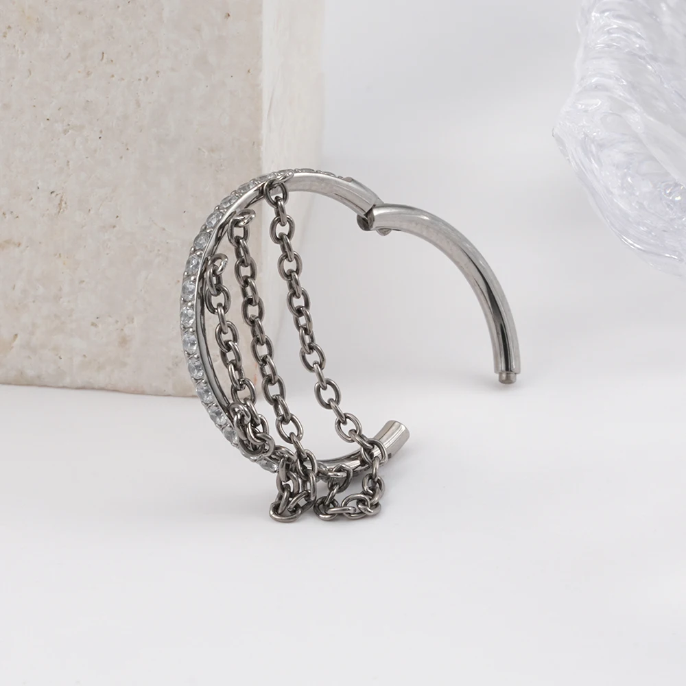 Right Grand ASTM F136 Titanium CZ Hinged Clicker Segment with Triple Chain Cartilage Earring Hoop 8-12mm Helix Conch Piercing
