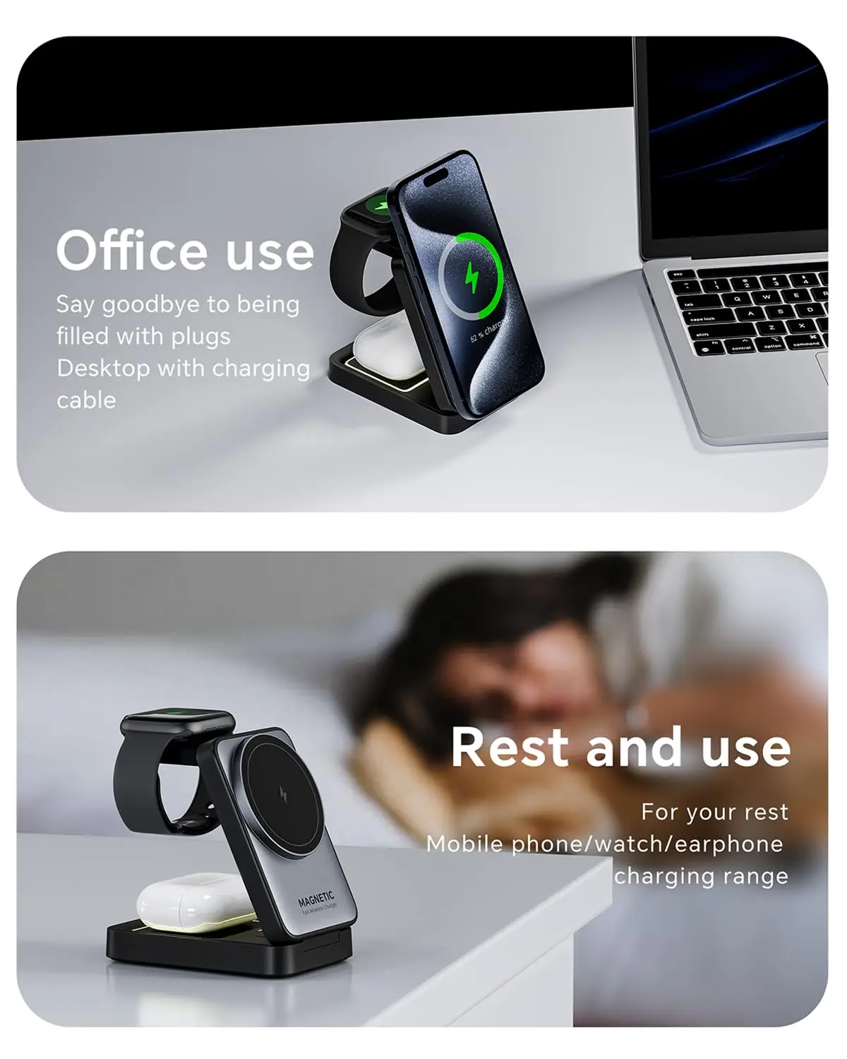 شاحن لاسلكي مغناطيسي 3 في 1 قابل للطي لهاتف iPhone 16/15/14/13 Pro Max وAirPods وحامل شحن سريع iWatch