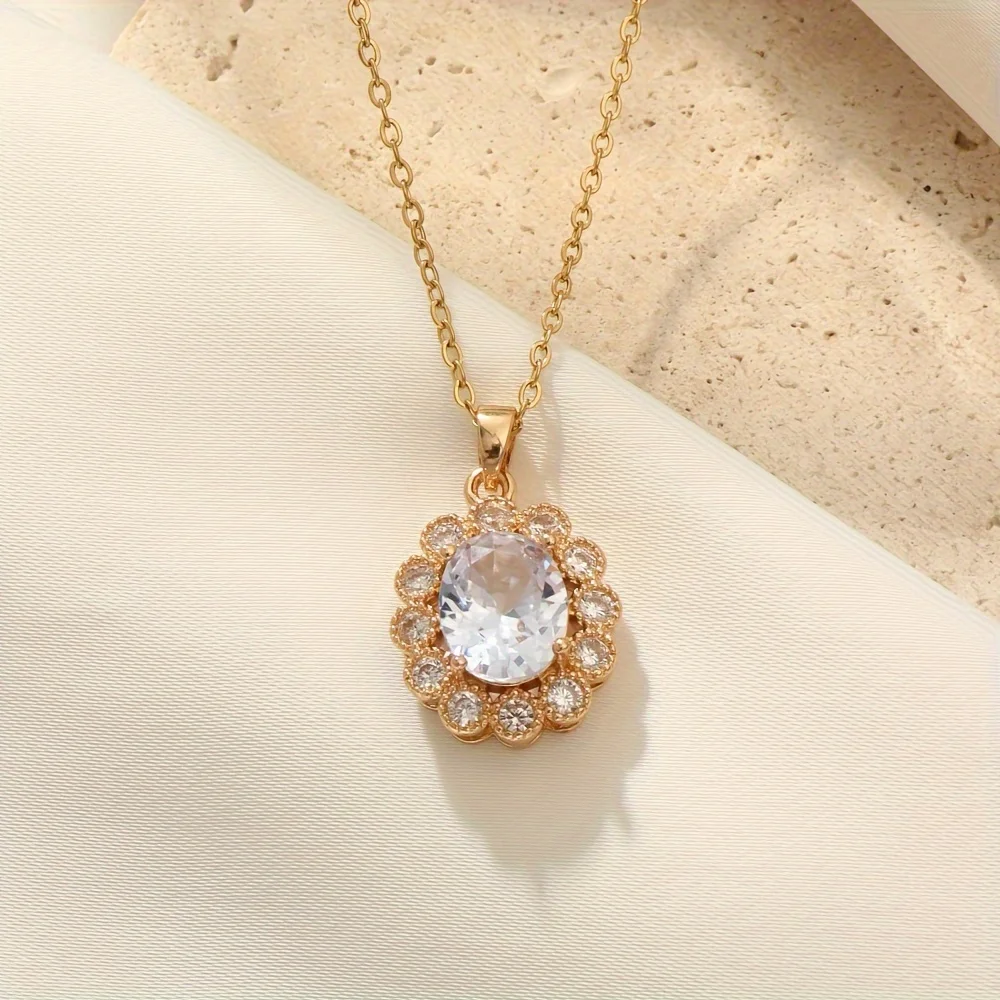 

White Oval Zirconia Pendant Necklace for Women 2025 New Fashion Golden Stainless Steel Chain Wedding Party Jewelry Accessories