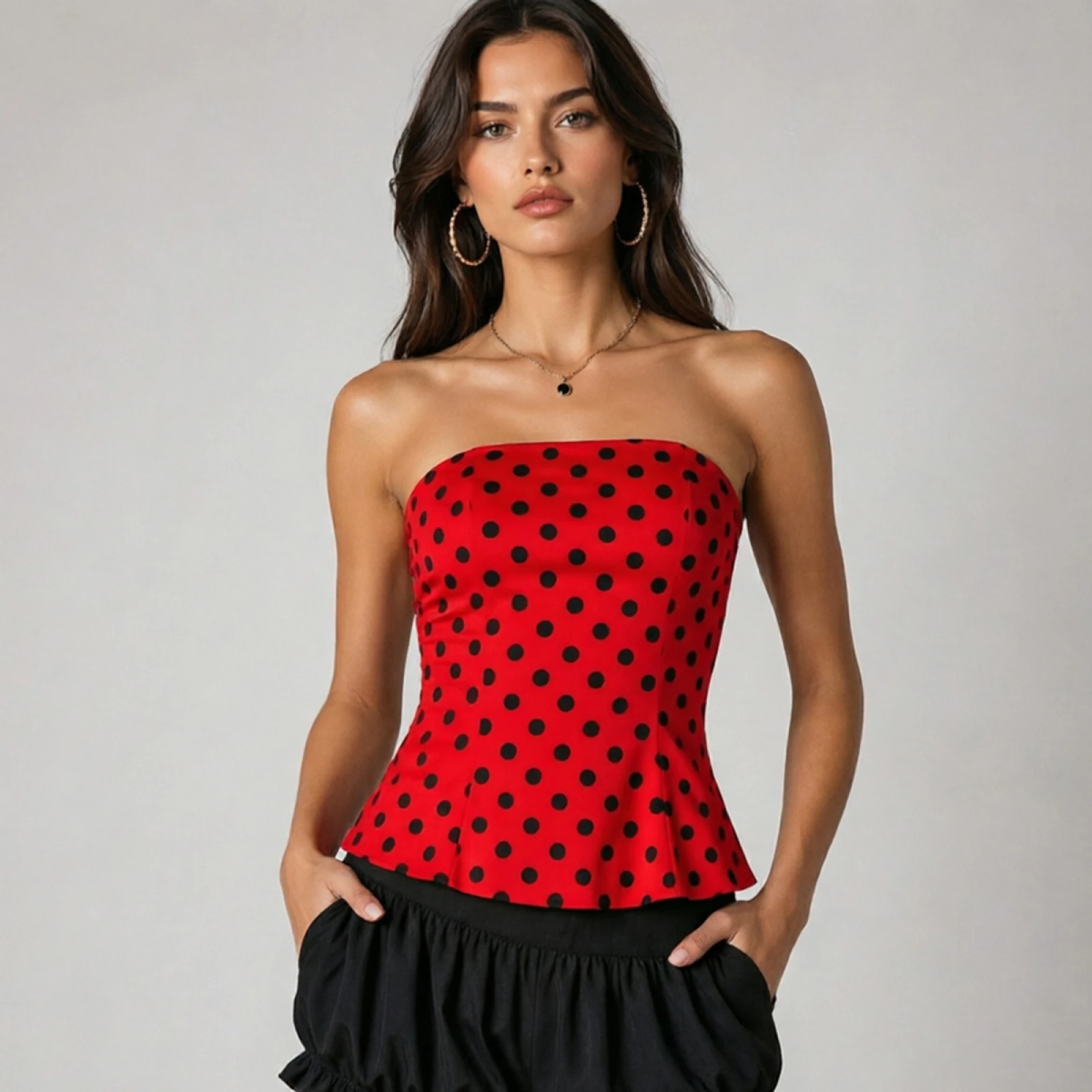 Women's Summer Strapless Tops Stylish Dot Print Slim Fit Tube T-Shirt Bandeau Tops Going Out Streetwear