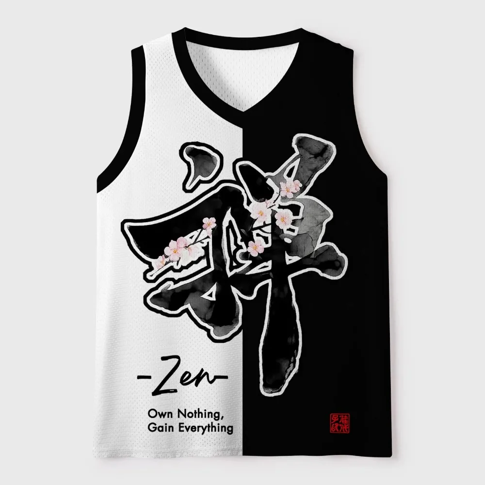 Zen Calligraphy Pattern 3D Printed Men's V-neck Vest Top Fashionable Leisure Breathable and Quick-drying Outdoor Sports Clothing