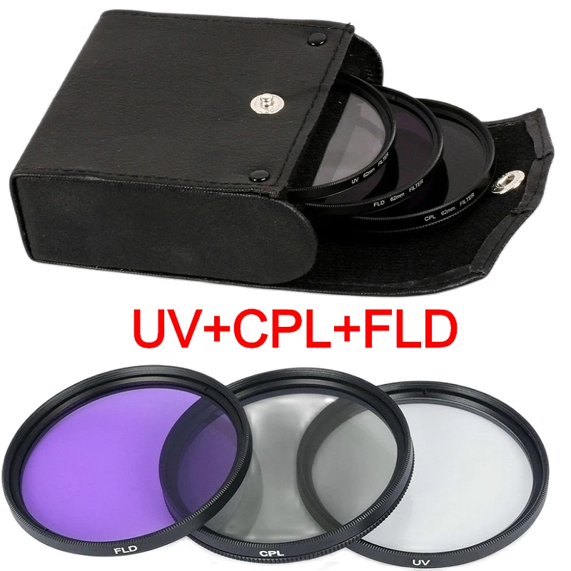 49MM 52MM 55MM 58MM 62MM 67MM 72MM 77MM UV + CPL + FLD 3 in 1 Set di filtri per obiettivo con borsa per obiettivo per fotocamera Pentax Cannon Nikon Sony