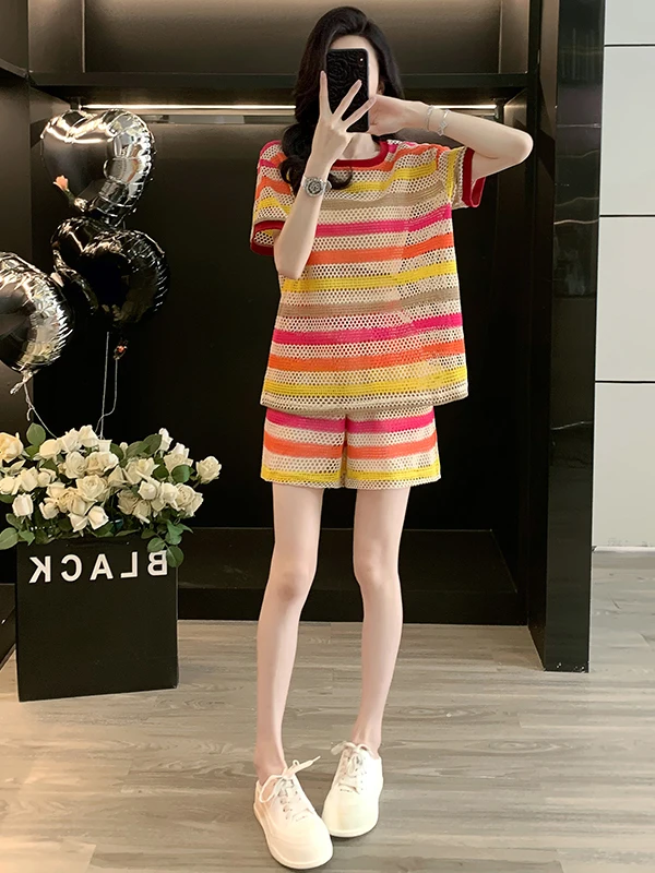 

Dopamine Casual Sportswear Set Women's Summer Stripe Short Sleeve T-Shirt Shorts Two-Piece Set Youthful Fashion