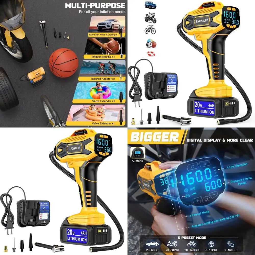 

20V Max Lithium Portable Air Pump, 160 PSI, 4AH Battery, Digital Gauge for Cars, Bikes, Balls