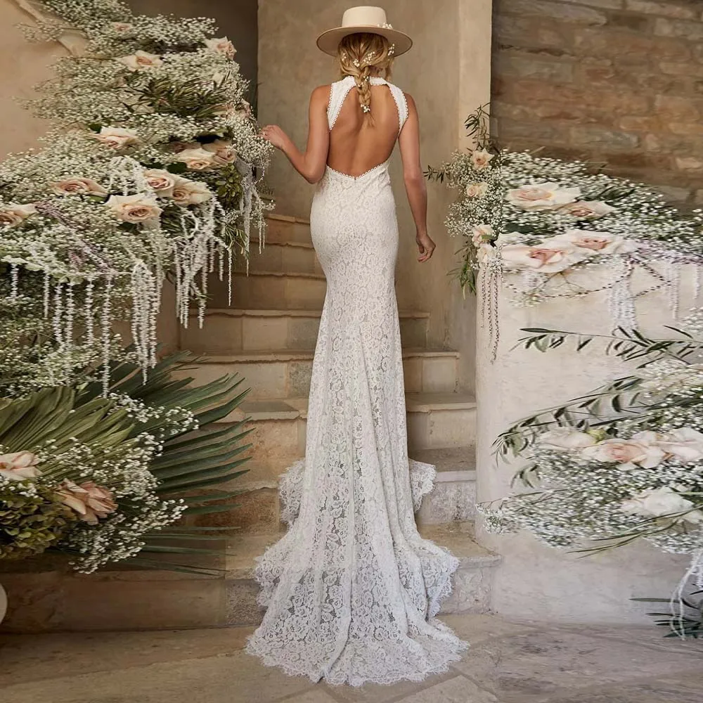 Customized Lace Mermaid Bridal Dress with Split Halter Pastrol Wedding Gown Minimalism Backless robe de mariage